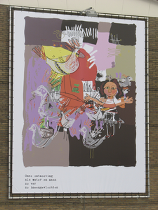 907690 Afbeelding van de nieuwe reuzebanner met een schilderij en de tekst 'Onze ontmoeting / als water en maan / zo ...